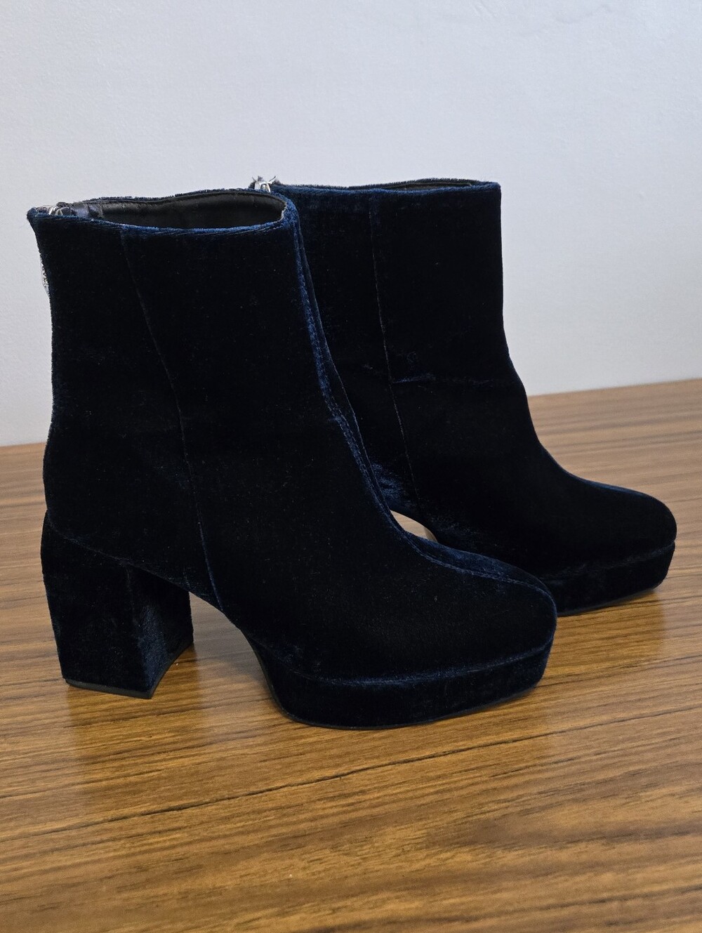 Zara Women’s 6 Blue Velvet Platform Block Heel Ankle Boots Signs Of Wear Chunky
